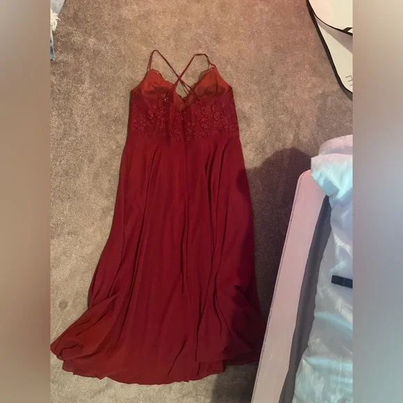Bridesmaids dress, color is burgundy. The brand is Azazie. Fits like a size 18. - Picture 2 of 2